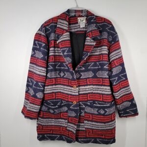 Vtg Aigu Red Blue Aztec Western Print Oversized Wool Blend Coat Jacket Women Med